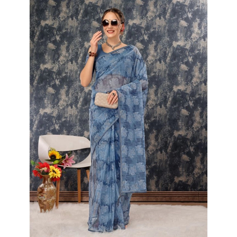 Shopper Beast Women's Linen Floral Printed Saree With Unstitched Blouse (Blue, 5-6 Mtrs)