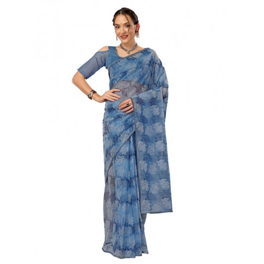 Shopper Beast Women's Linen Floral Printed Saree With Unstitched Blouse (Blue, 5-6 Mtrs)