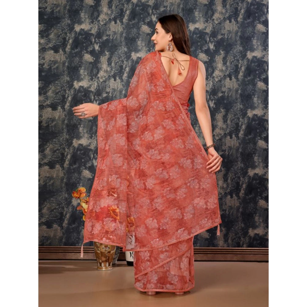 Shopper Beast Women's Linen Floral Printed Saree With Unstitched Blouse (Peach, 5-6 Mtrs)