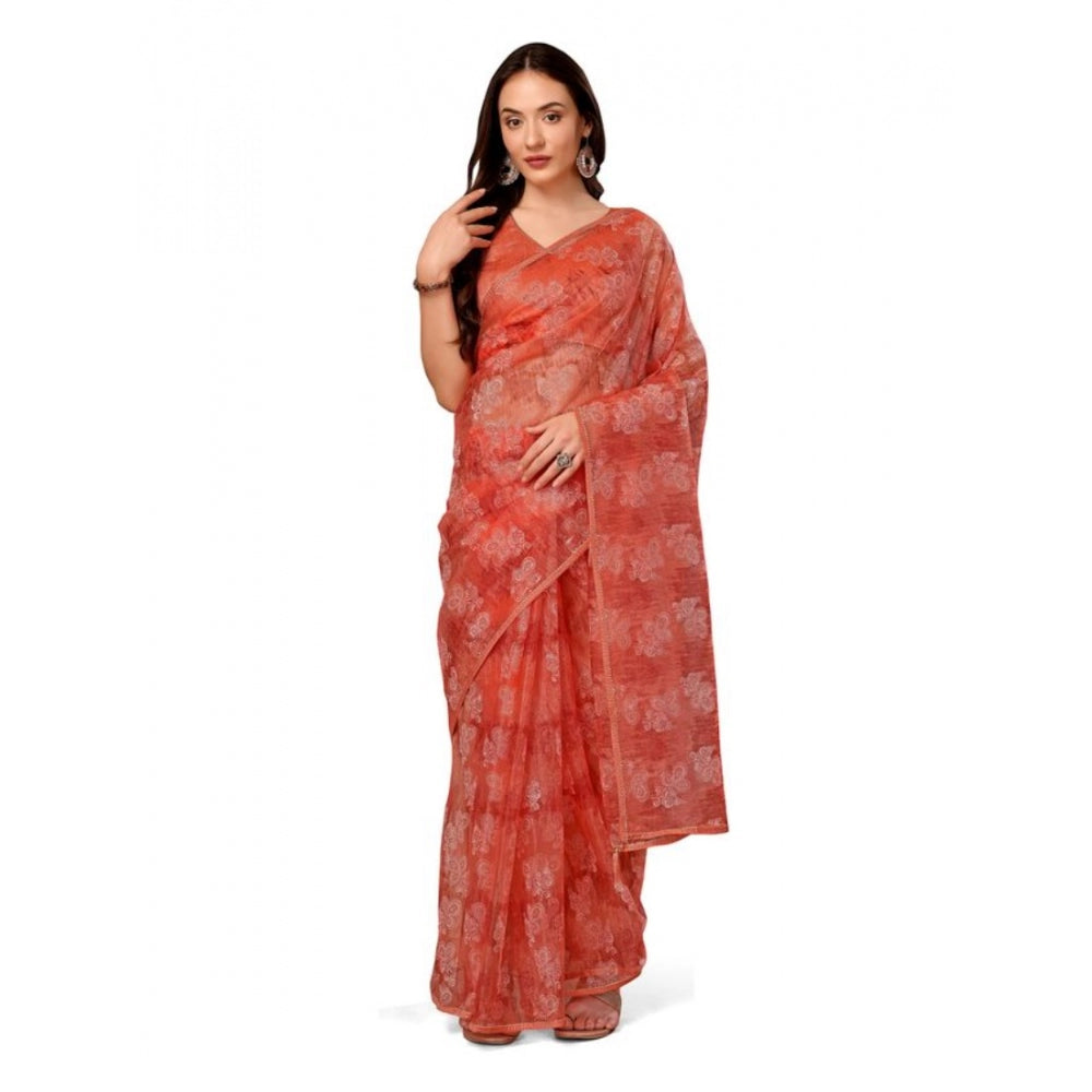 Shopper Beast Women's Linen Floral Printed Saree With Unstitched Blouse (Peach, 5-6 Mtrs)