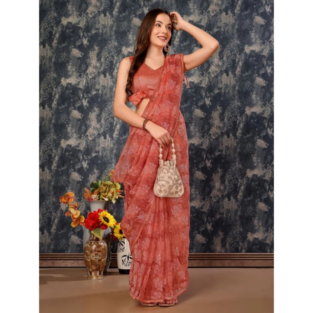 Shopper Beast Women's Linen Floral Printed Saree With Unstitched Blouse (Peach, 5-6 Mtrs)