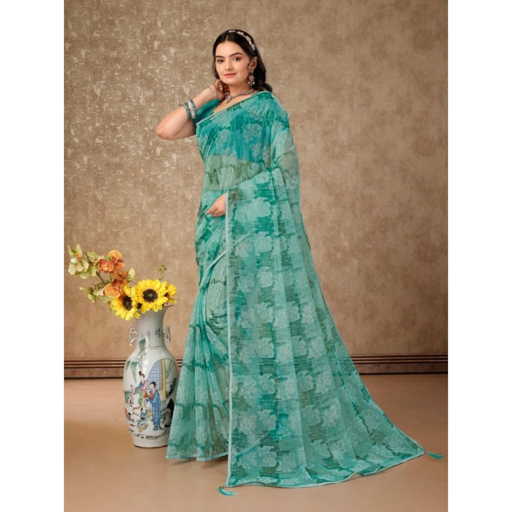 Shopper Beast Women's Linen Floral Printed Saree With Unstitched Blouse (Turquies Green, 5-6 Mtrs)