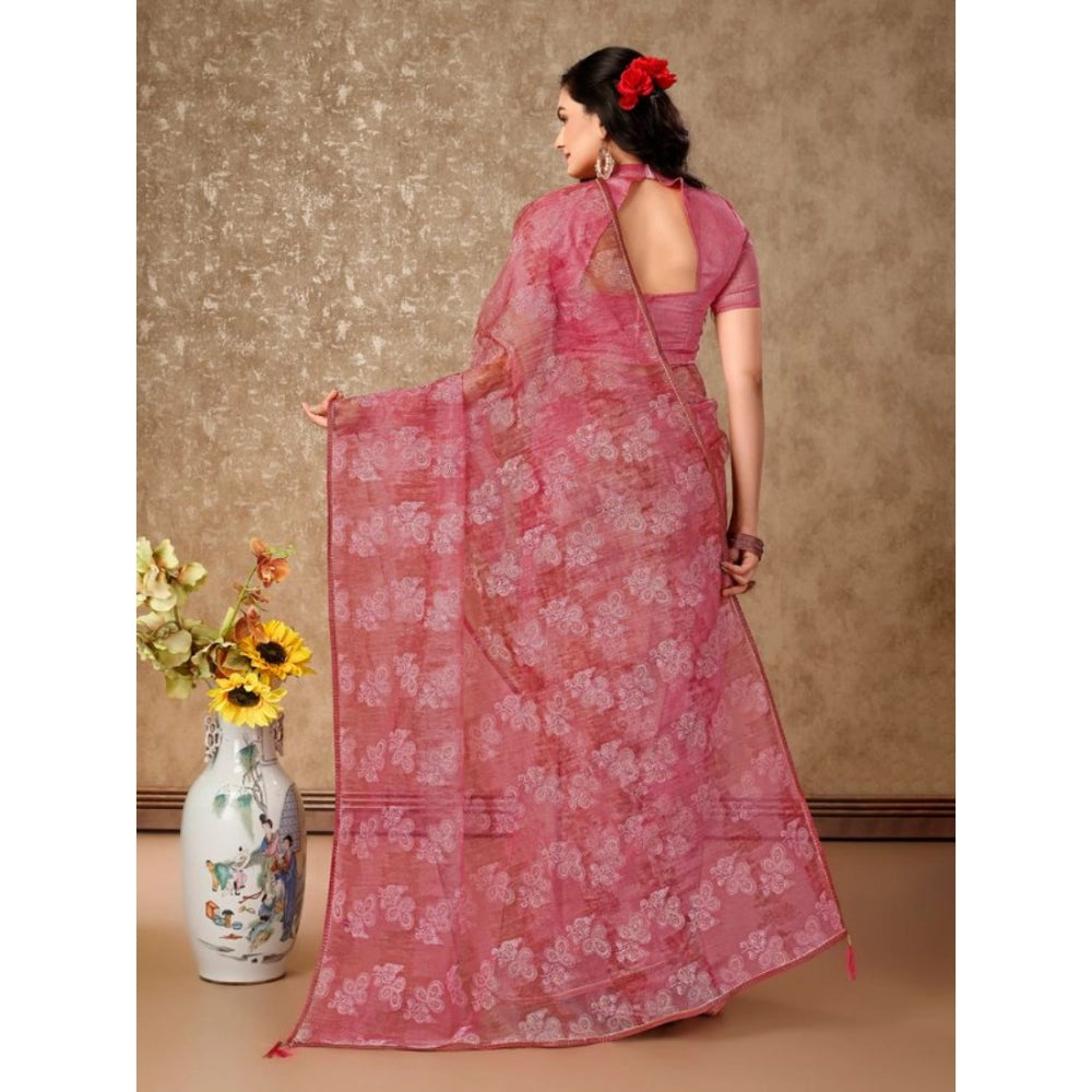 Shopper Beast Women's Linen Floral Printed Saree With Unstitched Blouse (Pink, 5-6 Mtrs)