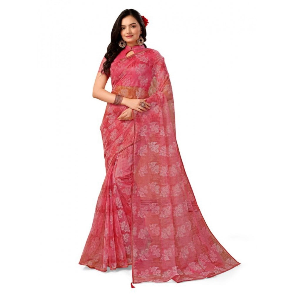 Shopper Beast Women's Linen Floral Printed Saree With Unstitched Blouse (Pink, 5-6 Mtrs)