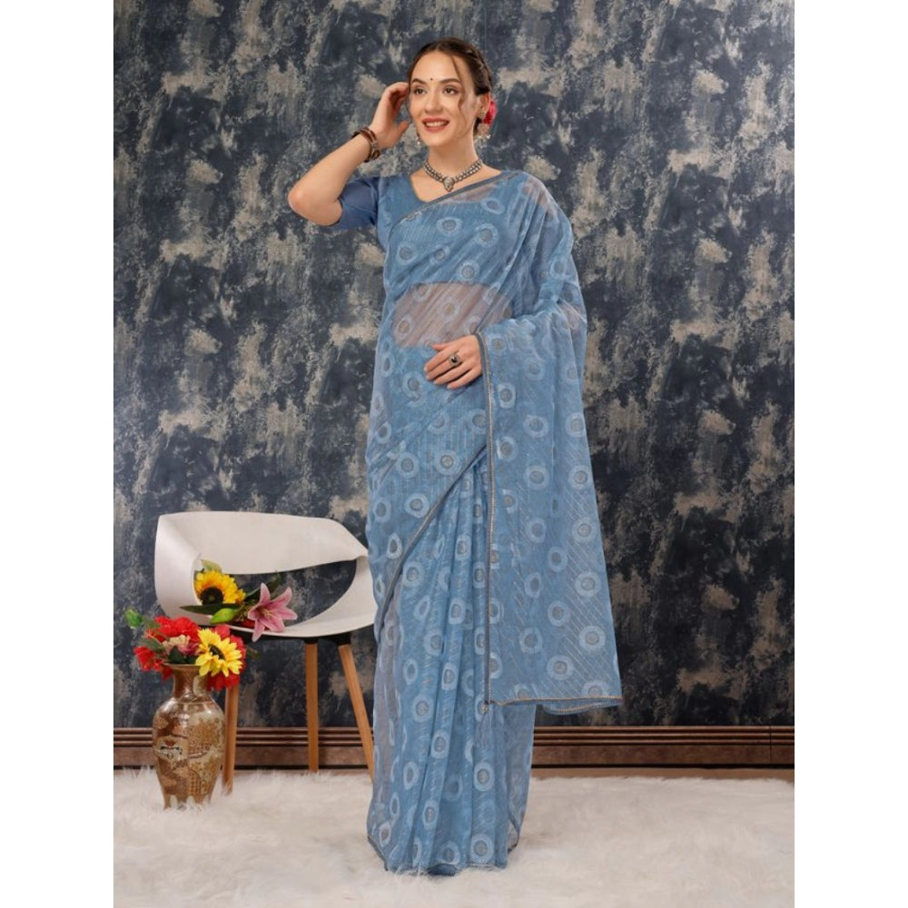 Shopper Beast Women's Linen Gola Printed Saree With Unstitched Blouse (Blue, 5-6 Mtrs)