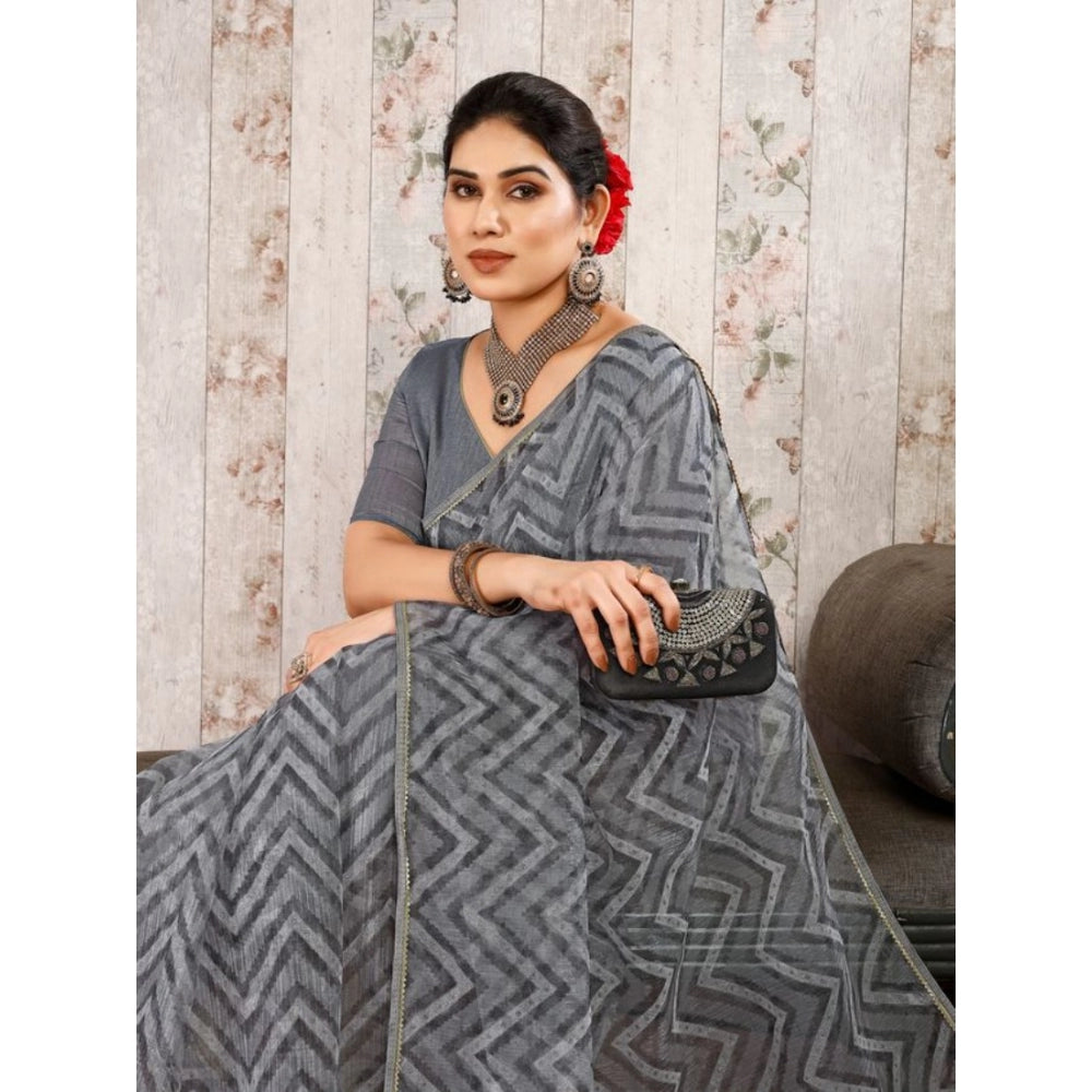 Shopper Beast Women's Linen Zig Zag Saree With Unstitched Blouse (Grey, 5-6 Mtrs)