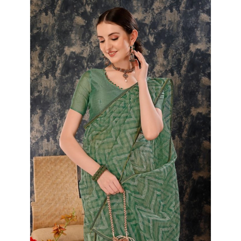 Shopper Beast Women's Linen Zig Zag Saree With Unstitched Blouse (Green, 5-6 Mtrs)