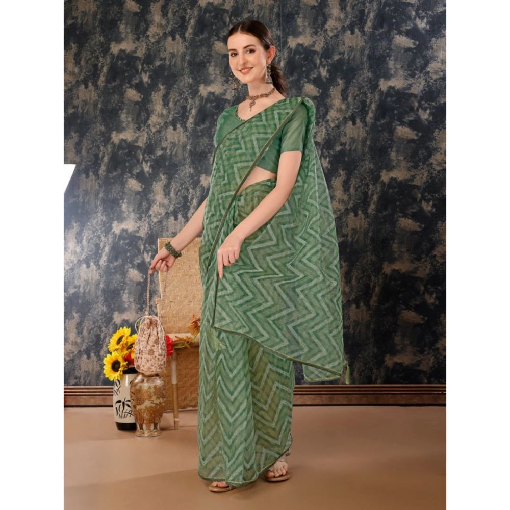 Shopper Beast Women's Linen Zig Zag Saree With Unstitched Blouse (Green, 5-6 Mtrs)