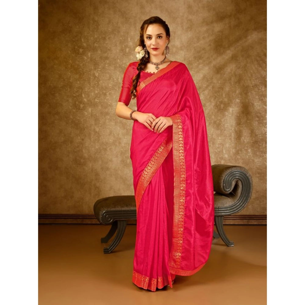 Shopper Beast Women's Vichitra Plain Saree With Unstitched Blouse (Pink, 5-6 Mtrs)