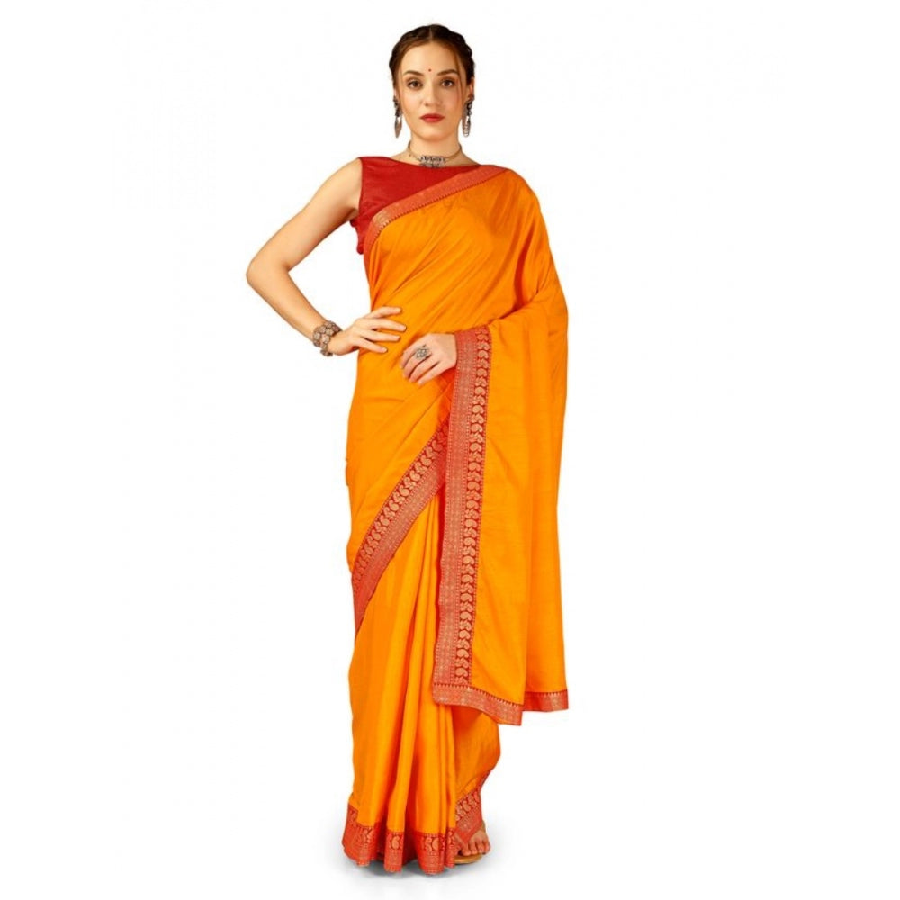 Shopper Beast Women's Vichitra Plain Saree With Unstitched Blouse (Yellow, 5-6 Mtrs)