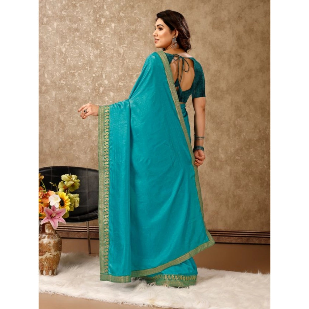 Shopper Beast Women's Vichitra Plain Saree With Unstitched Blouse (Teal Blue, 5-6 Mtrs)