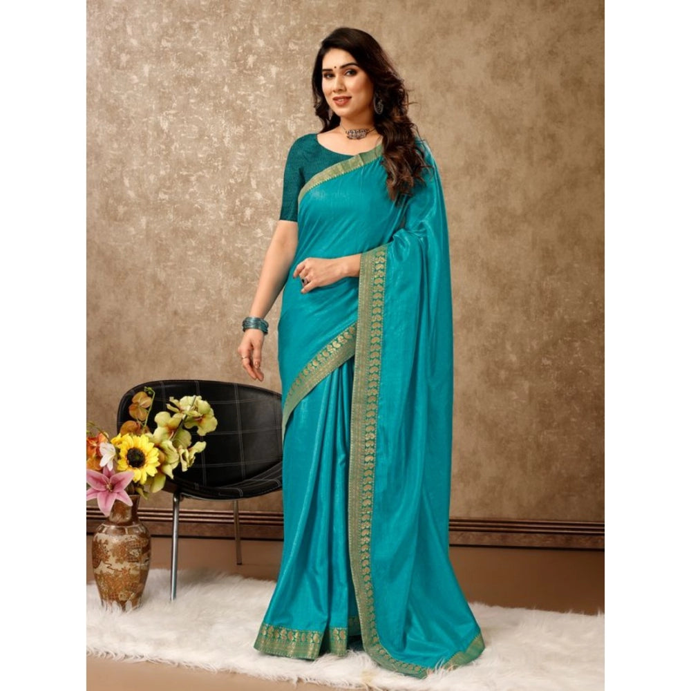 Shopper Beast Women's Vichitra Plain Saree With Unstitched Blouse (Teal Blue, 5-6 Mtrs)