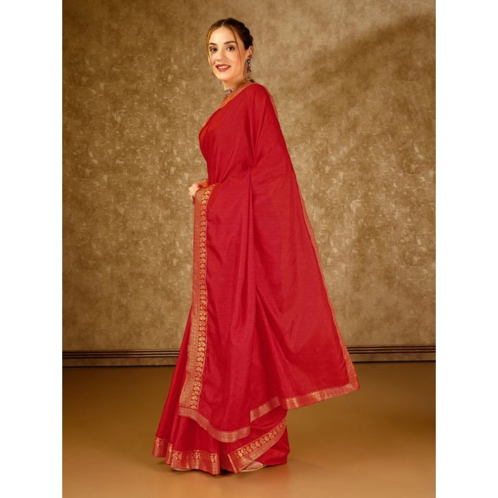 Shopper Beast Women's Vichitra Plain Saree With Unstitched Blouse (Red, 5-6 Mtrs)