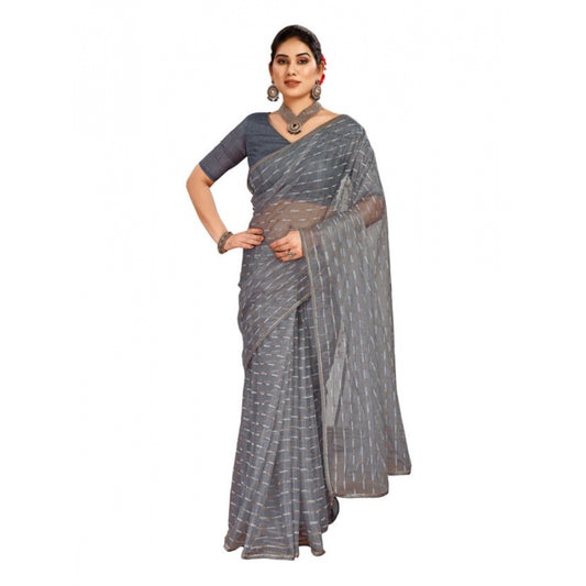 Shopper Beast Women's Linen Line Saree With Unstitched Blouse (Grey, 5-6 Mtrs)