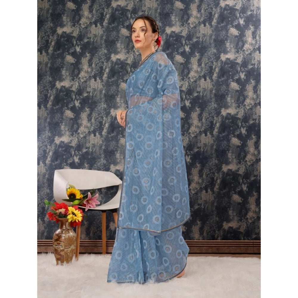 Shopper Beast Women's Linen Line Saree With Unstitched Blouse (Sky Blue, 5-6 Mtrs)