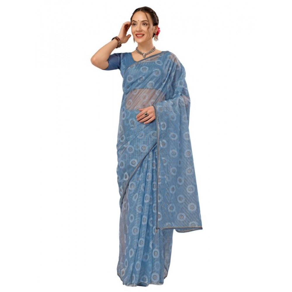 Shopper Beast Women's Linen Line Saree With Unstitched Blouse (Sky Blue, 5-6 Mtrs)