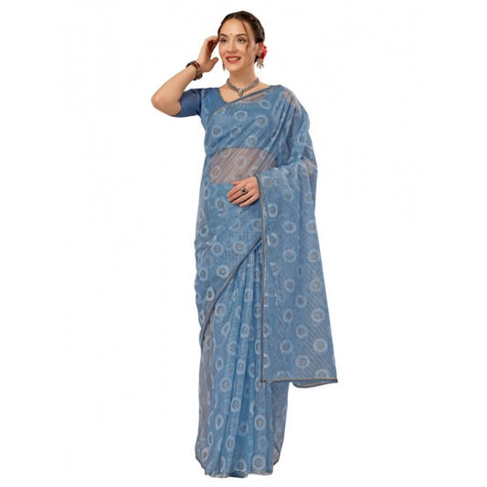 Shopper Beast Women's Linen Line Saree With Unstitched Blouse (Sky Blue, 5-6 Mtrs)