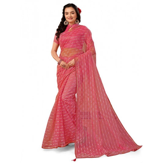 Shopper Beast Women's Linen Line Saree With Unstitched Blouse (Pink, 5-6 Mtrs)