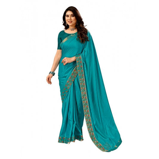 Shopper Beast Women's Vichitra Swiroshki Butta Saree With Unstitched Blouse (Turquies Blue, 5-6 Mtrs)