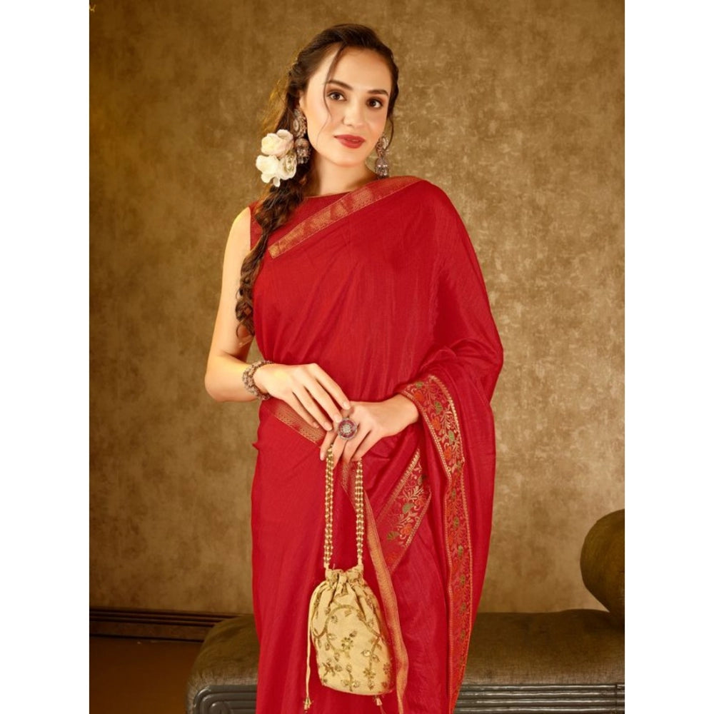 Shopper Beast Women's Vichitra Swiroshki Butta Saree With Unstitched Blouse (Red, 5-6 Mtrs)