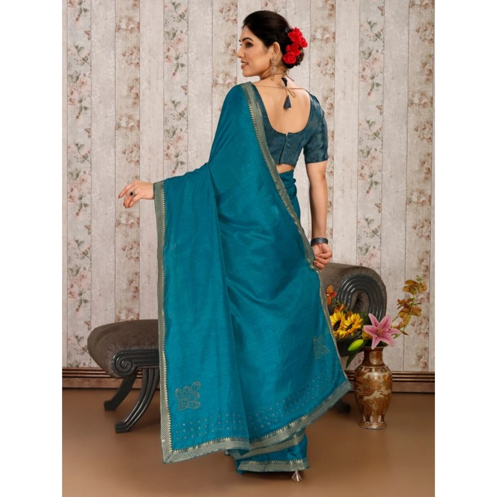 Shopper Beast Women's Vichitra Swiroshki Butta Saree With Unstitched Blouse (Blue, 5-6 Mtrs)