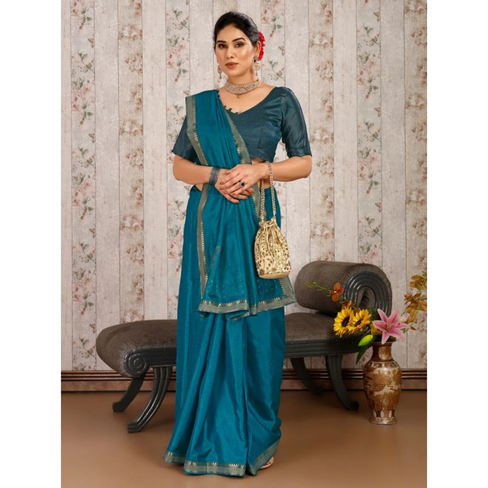 Shopper Beast Women's Vichitra Swiroshki Butta Saree With Unstitched Blouse (Blue, 5-6 Mtrs)