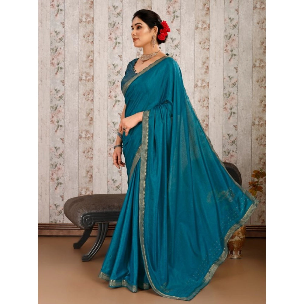 Shopper Beast Women's Vichitra Swiroshki Butta Saree With Unstitched Blouse (Blue, 5-6 Mtrs)