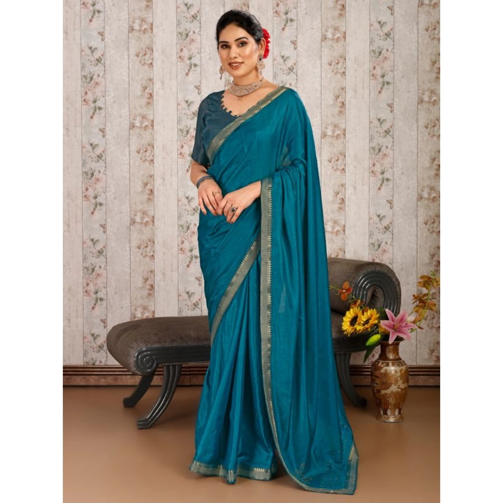 Shopper Beast Women's Vichitra Swiroshki Butta Saree With Unstitched Blouse (Blue, 5-6 Mtrs)