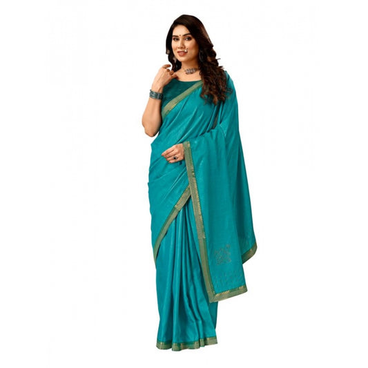 Shopper Beast Women's Vichitra Swiroshki Butta Saree With Unstitched Blouse (Teal Blue, 5-6 Mtrs)