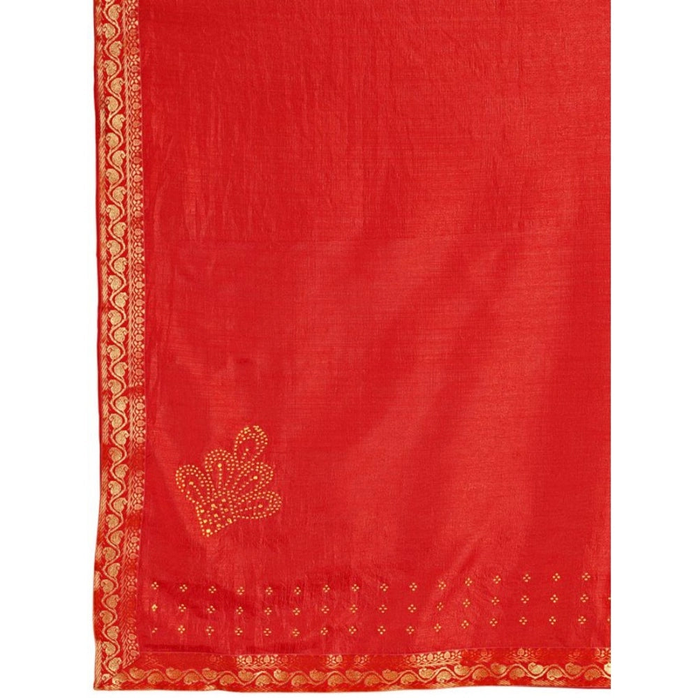 Shopper Beast Women's Vichitra Printed Saree With Unstitched Blouse (Red, 5-6 Mtrs)