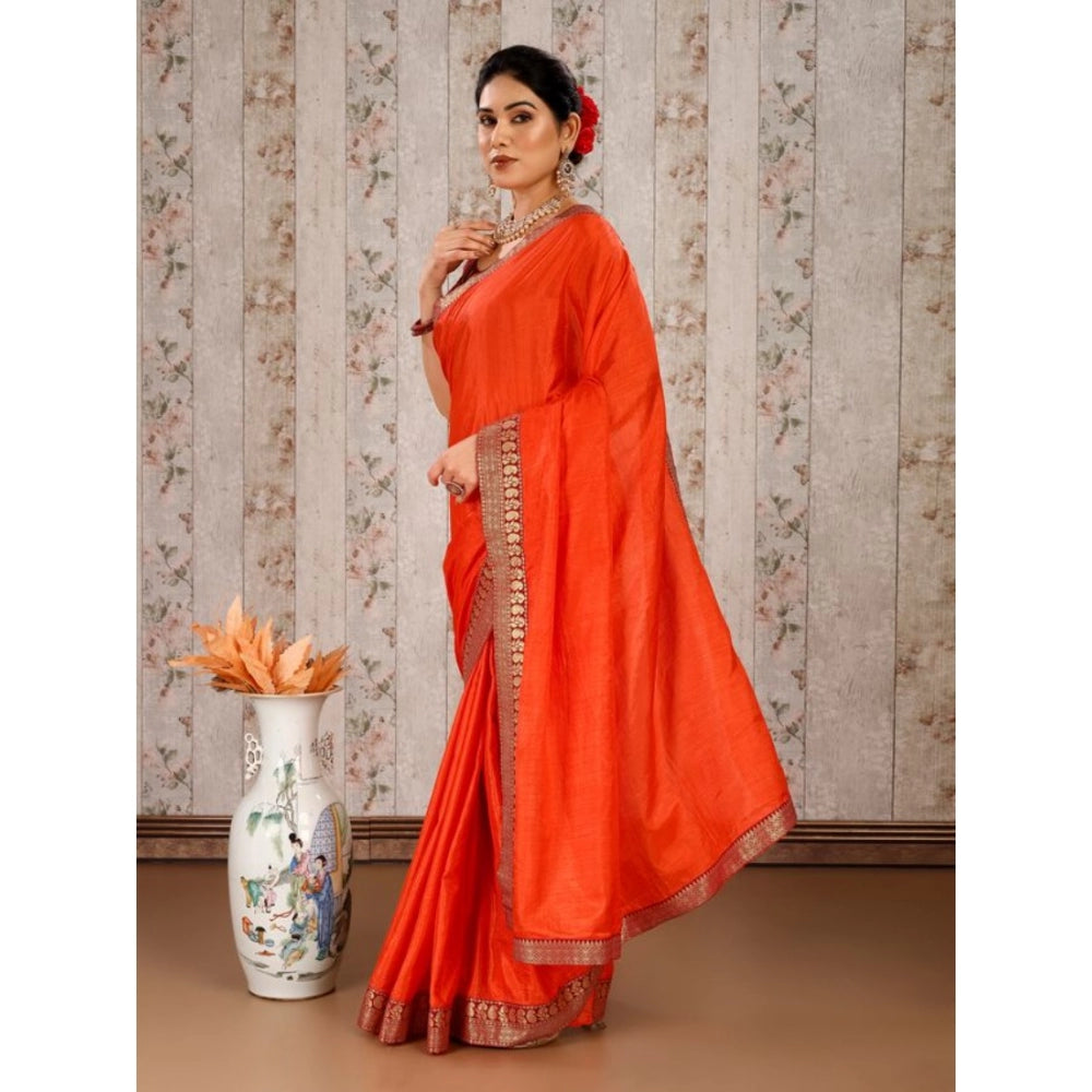 Shopper Beast Women's Vichitra Plain Saree With Unstitched Blouse (Orange, 5-6 Mtrs)