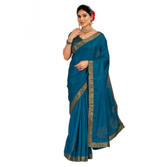 Shopper Beast Women's Vichitra Swiroshki Butta Saree With Unstitched Blouse (Blue, 5-6 Mtrs)