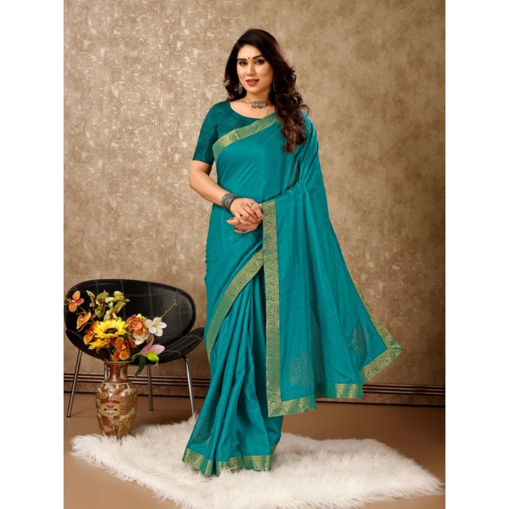 Shopper Beast Women's Vichitra Swiroshki Butta Saree With Unstitched Blouse (Teal Blue, 5-6 Mtrs)