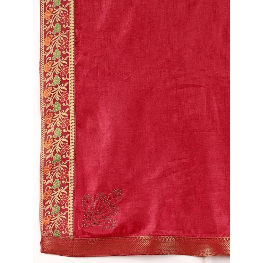 Shopper Beast Women's Vichitra Swiroshki Butta Saree With Unstitched Blouse (Maroon, 5-6 Mtrs)