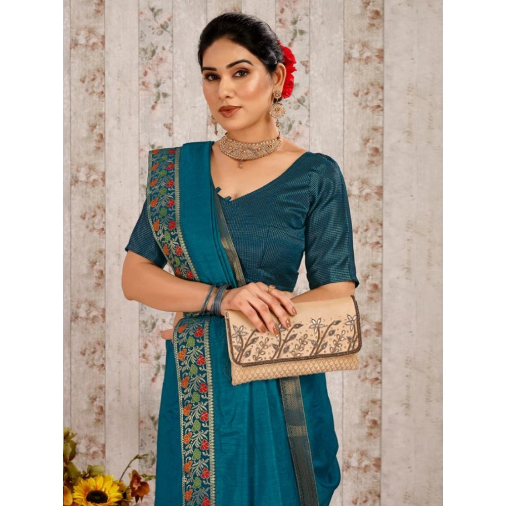 Shopper Beast Women's Vichitra Swiroshki Butta Saree With Unstitched Blouse (Teal Blue, 5-6 Mtrs)