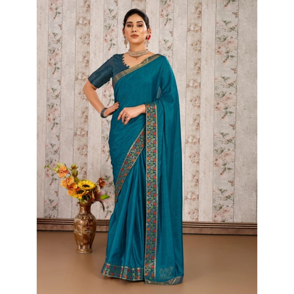 Shopper Beast Women's Vichitra Swiroshki Butta Saree With Unstitched Blouse (Teal Blue, 5-6 Mtrs)