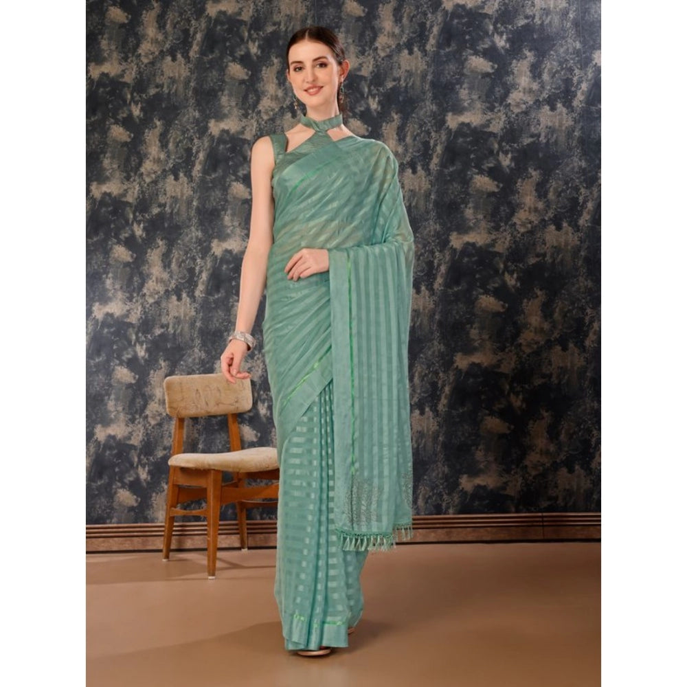 Shopper Beast Women's Chiffon Fabric Line Saree With Unstitched Blouse (Turquoise green, 5-6 Mtrs)