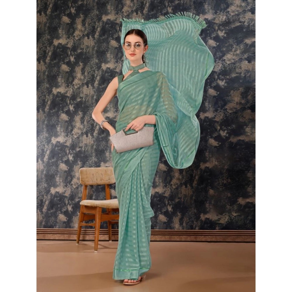 Shopper Beast Women's Chiffon Fabric Line Saree With Unstitched Blouse (Turquoise green, 5-6 Mtrs)