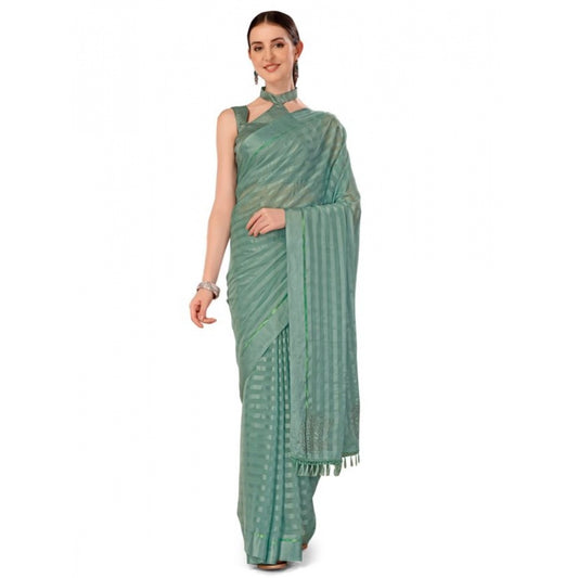 Shopper Beast Women's Chiffon Fabric Line Saree With Unstitched Blouse (Turquoise green, 5-6 Mtrs)