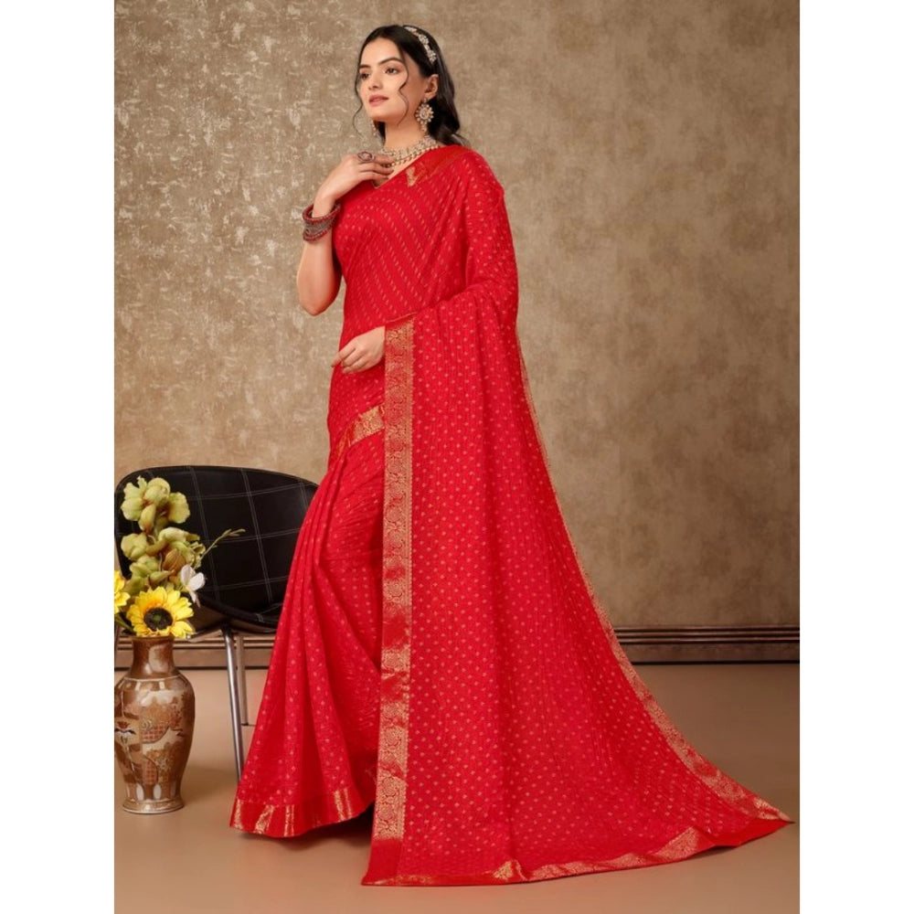 Shopper Beast Women's Vichitra Bandhani Saree With Unstitched Blouse (Red, 5-6 Mtrs)