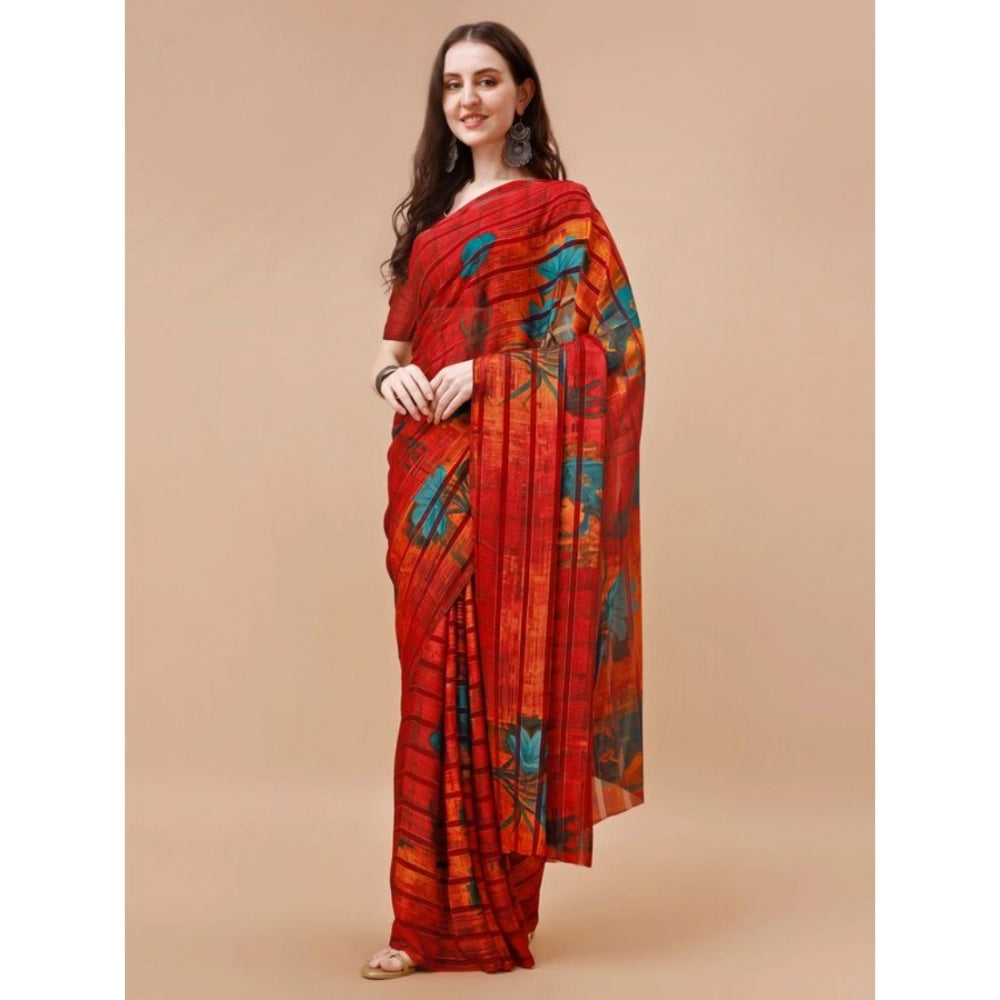 Shopper Beast Women's Georgette Floral Printed Saree With Unstitched Blouse (Maroon, 5-6 Mtrs)