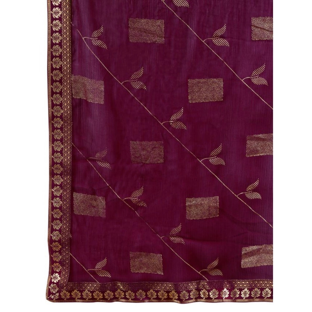 Shopper Beast Women's Zomto Patta Chiffon Saree With Unstitched Blouse (Wine, 5-6 Mtrs)