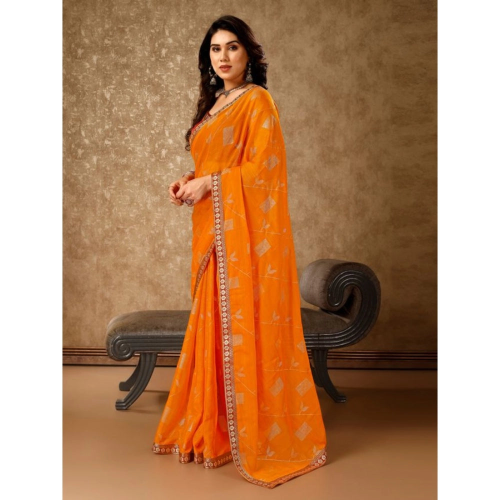 Shopper Beast Women's Zomto Patta Chiffon Saree With Unstitched Blouse (Yellow, 5-6 Mtrs)