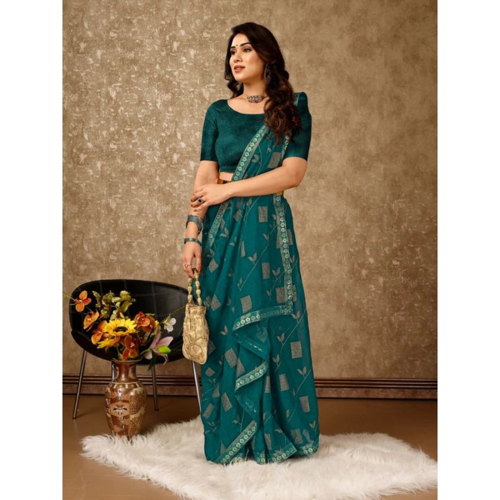 Shopper Beast Women's Zomto Patta Chiffon Saree With Unstitched Blouse (Teal Blue, 5-6 Mtrs)