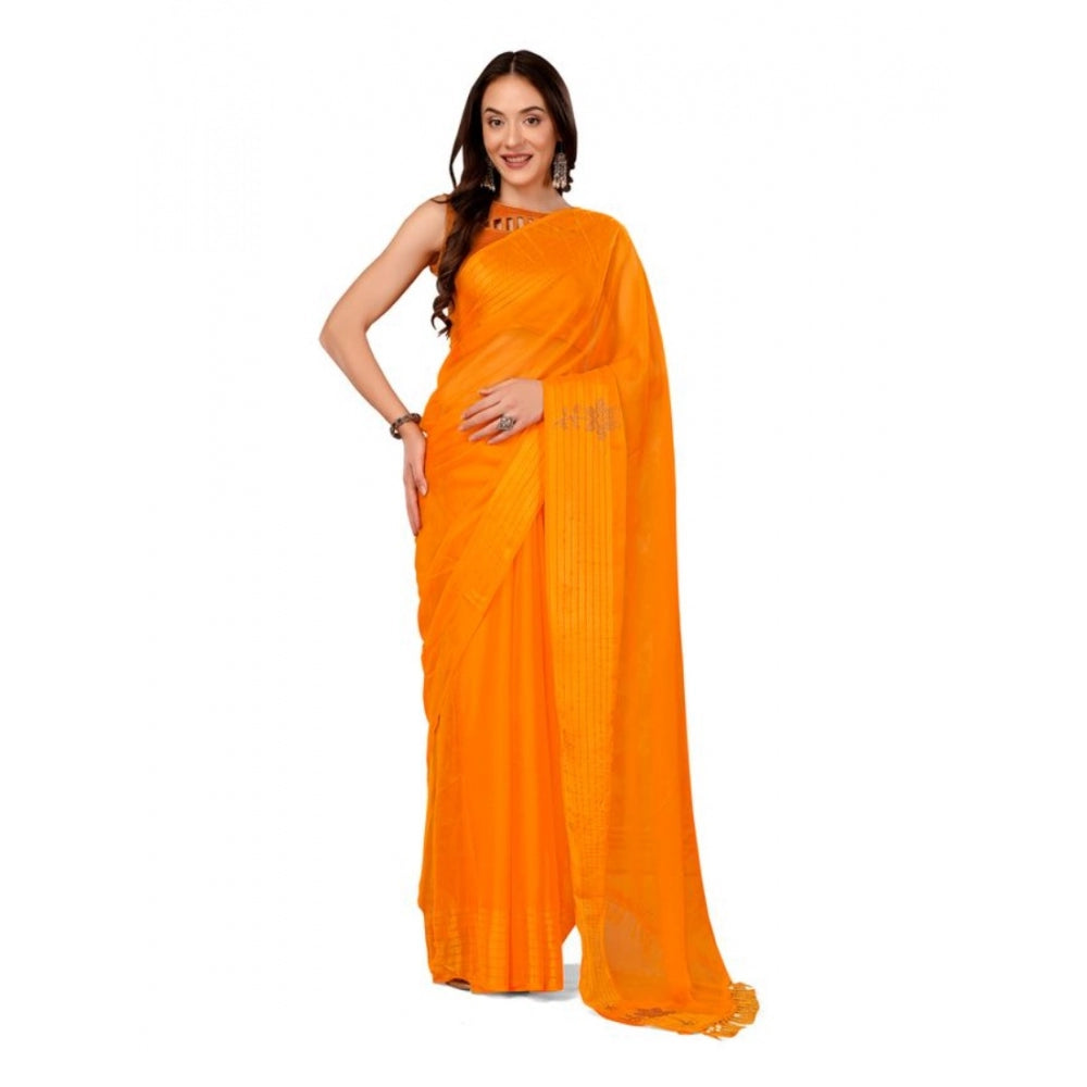 Shopper Beast Women's Chiffon Fabric Plain Saree With Unstitched Blouse (Yellow, 5-6 Mtrs)