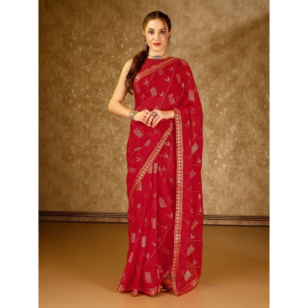 Shopper Beast Women's Zomto Patta Chiffon Saree With Unstitched Blouse (Red, 5-6 Mtrs)