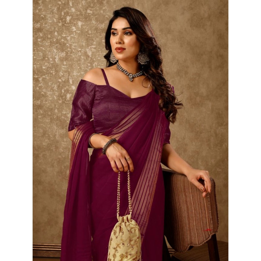 Shopper Beast Women's Chiffon Fabric Plain Saree With Unstitched Blouse (Wine, 5-6 Mtrs)