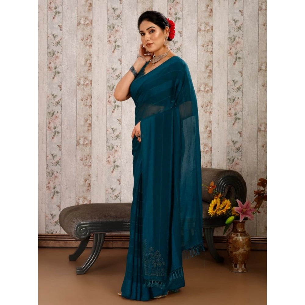 Shopper Beast Women's Chiffon Fabric Line Saree With Unstitched Blouse (Blue, 5-6 Mtrs)