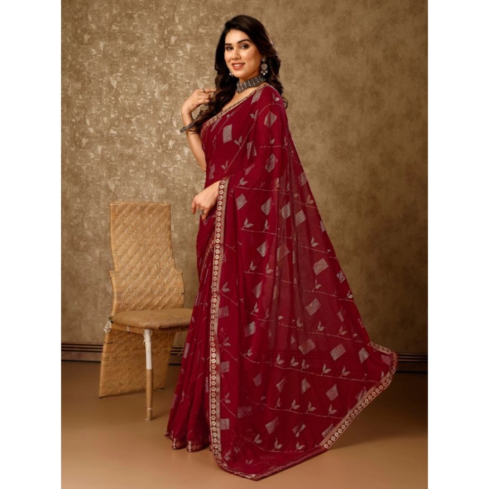 Shopper Beast Women's Zomto Patta Chiffon Saree With Unstitched Blouse (Maroon, 5-6 Mtrs)