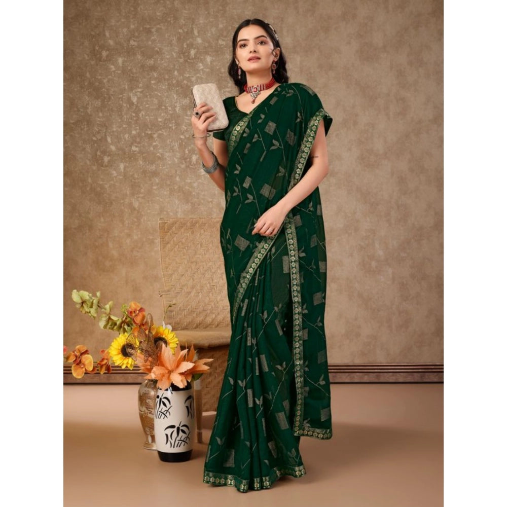 Shopper Beast Women's Zomto Patta Chiffon Saree With Unstitched Blouse (Green, 5-6 Mtrs)